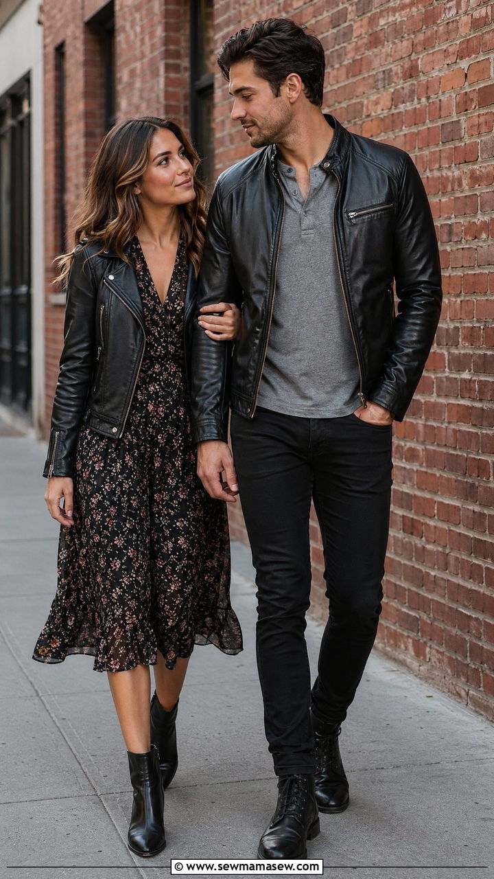 Leather Jacket and Midi Dress Urban Couple Outfit - 35 Couples photoshoot outfit ideas