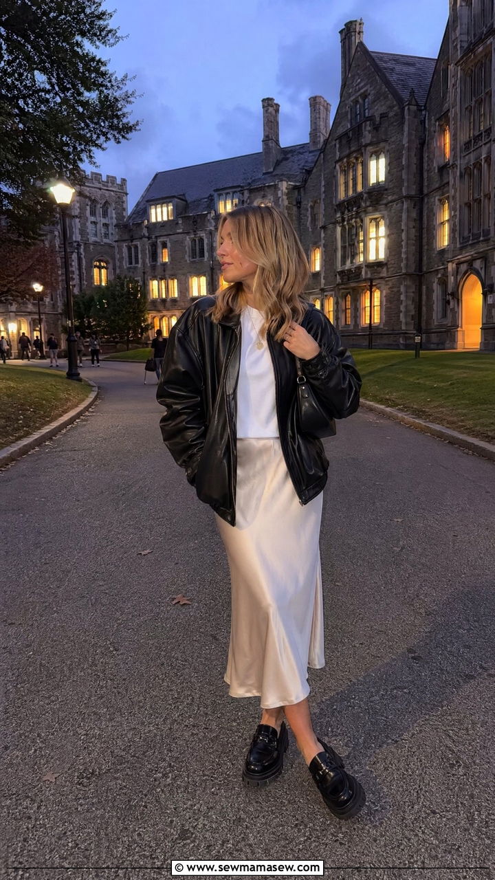 Leather Jacket and Satin Midi Skirt - 35 Spring outfits for college