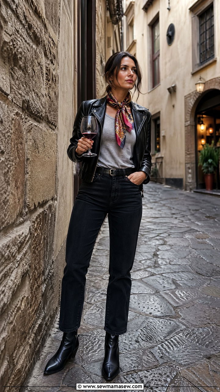 Leather Jacket and Straight Leg Jeans - 35 Tuscany vacation outfit ideas