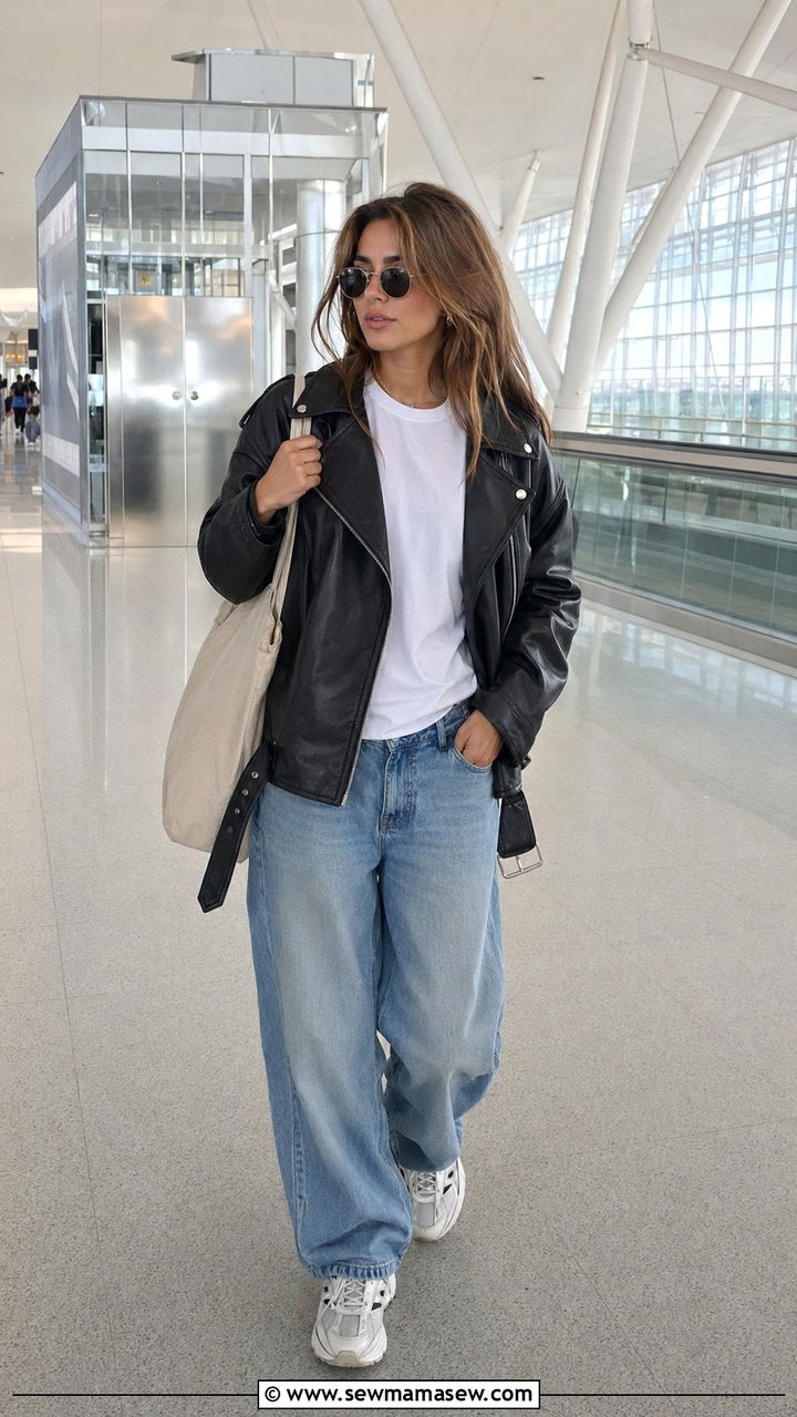 Leather Jacket with Baggy Jeans Airport Outfit - 30 airport outfits aesthetic