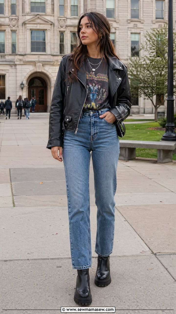 Leather Jacket with Band Tee and Straight Leg Jeans - 35 college outfits for women