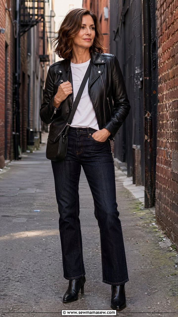 Leather Jacket with Dark Denim - 35 Chic outfits for women over 40