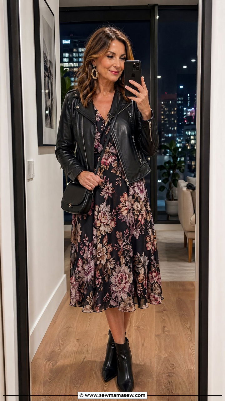 Leather Jacket with Floral Dress Weekend Outfit - 35 Weekend outfit ideas for women over 40