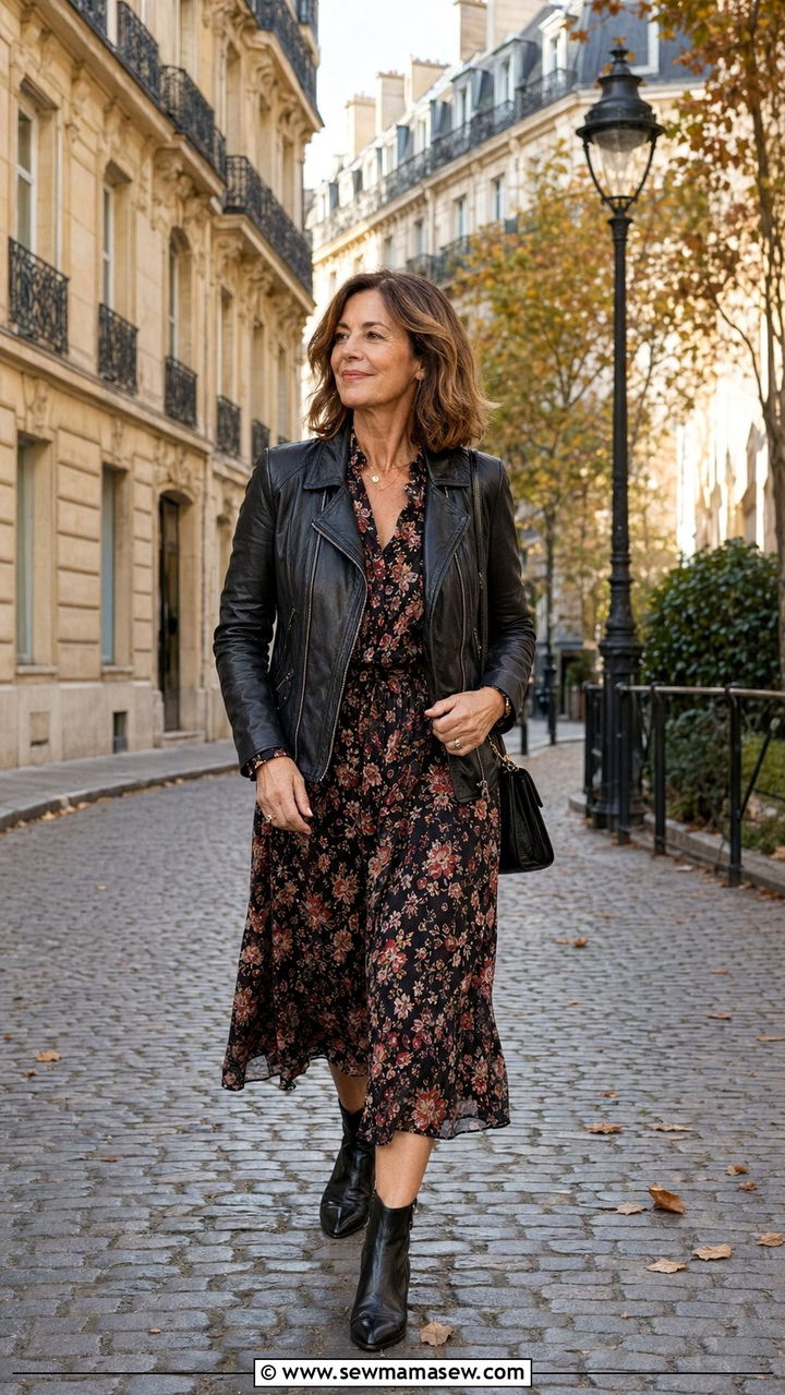 Leather Jacket with Floral Midi Dress and Ankle Boots - 35 Parisian outfits for women over 50