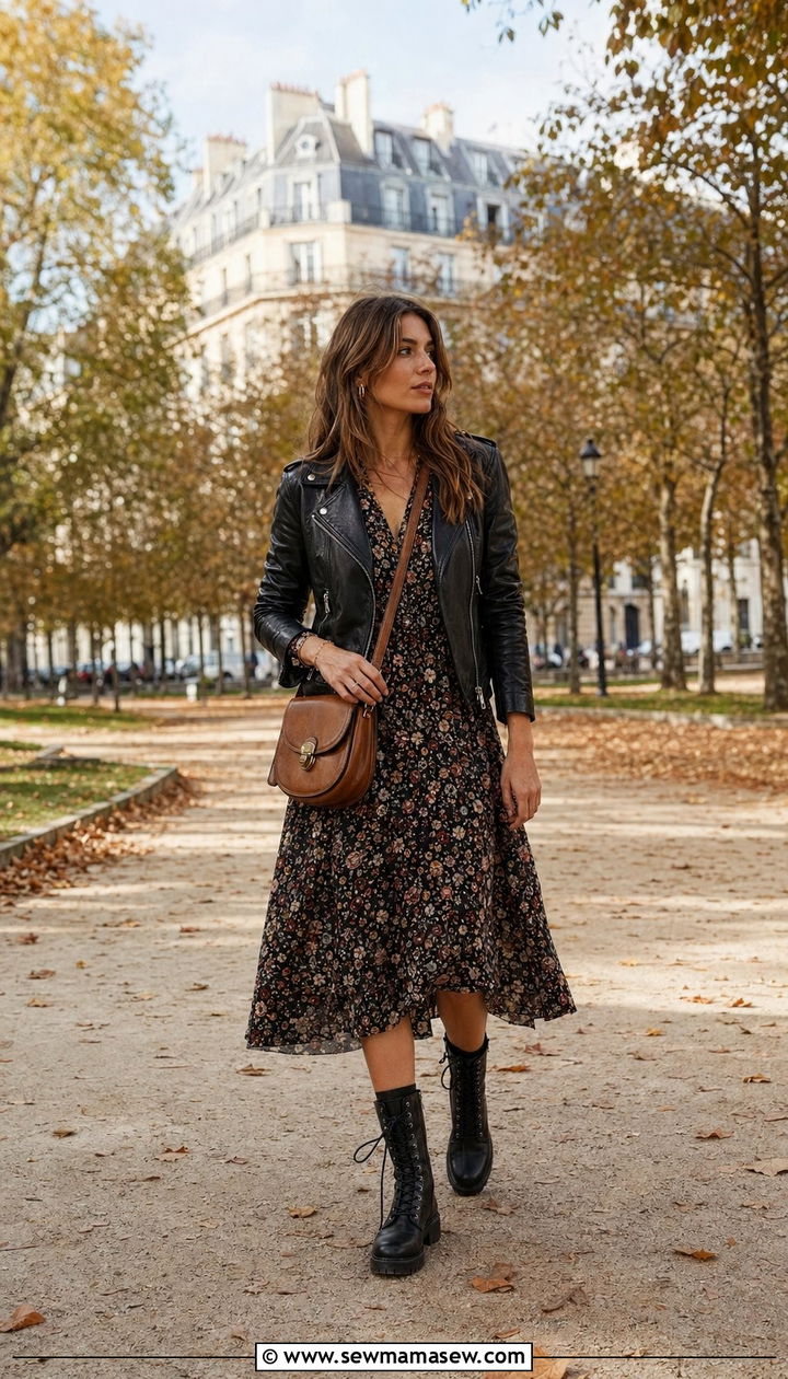 Leather Jacket with Floral Midi Dress and Combat Boots - 35 Paris outfits for women