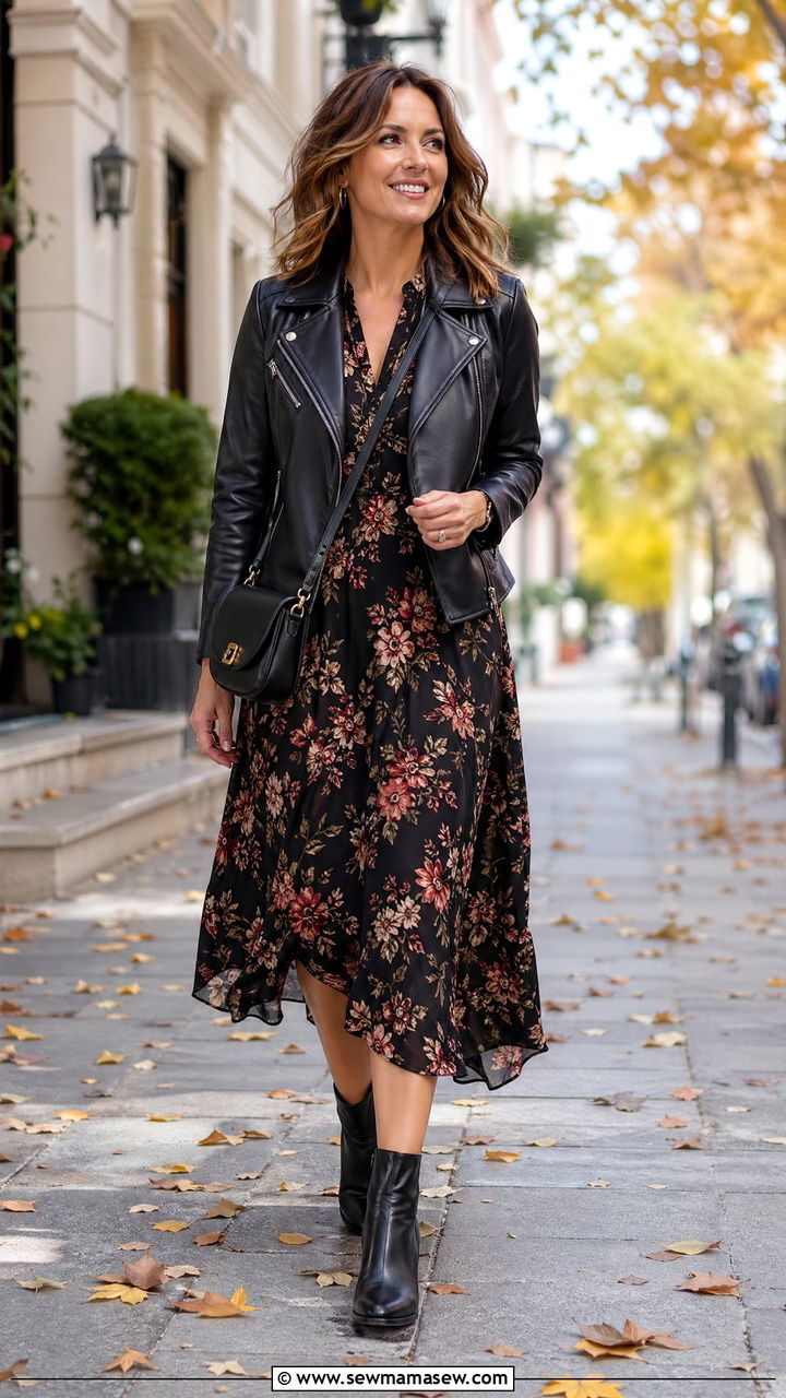Leather Jacket with Floral Midi Dress - 35 classy outfits for women over 30