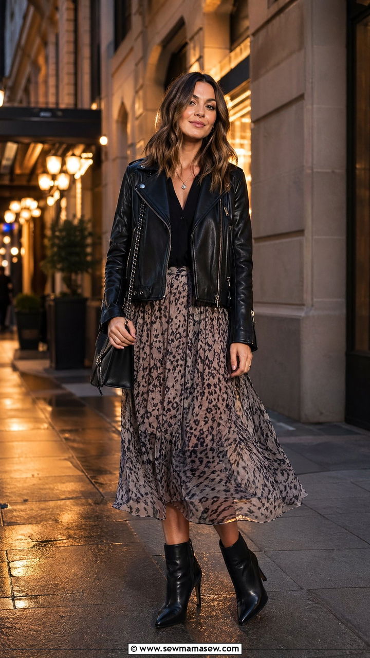 Leather Jacket with Flowy Midi Skirt and Ankle Boots - 35 spring elegant outfit ideas
