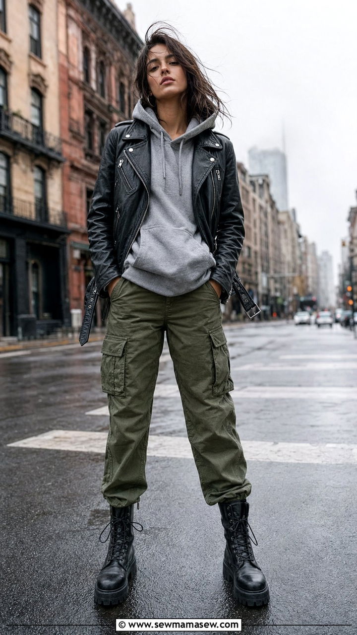 Leather Jacket with Hoodie and Cargo Pants - 30 windy day outfits for women