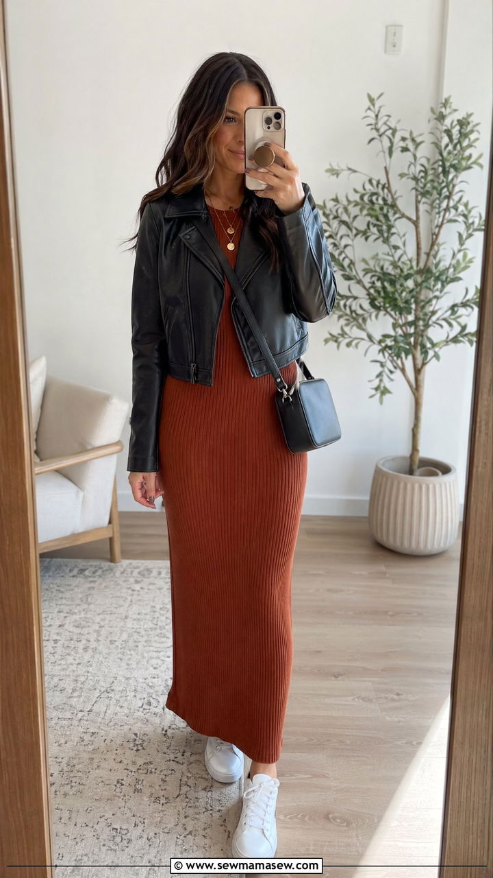 Leather Jacket with Knit Maxi Dress - 35 transitional outfits casual