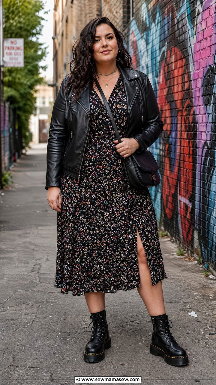 Leather Jacket with Midi Dress and Combat Boots - 35 casual outfits for curvy women