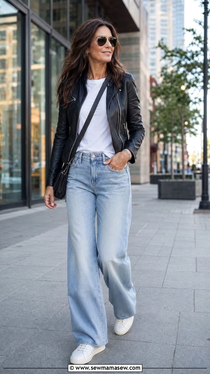 Leather Jacket with Minimalist Sneakers - 30 Wide leg jeans outfit ideas for women over 40