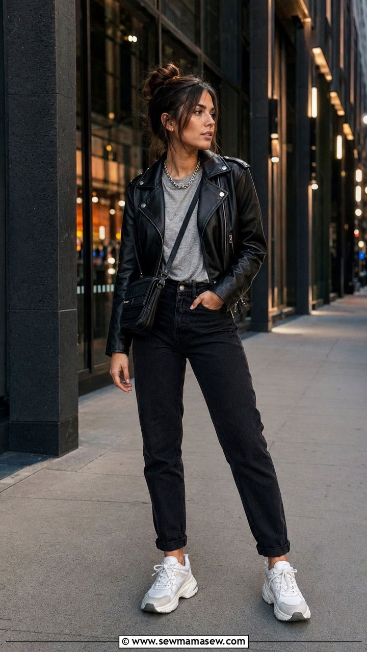 Leather Jacket with Mom Jeans Outfit - 35 Mom jeans outfit ideas