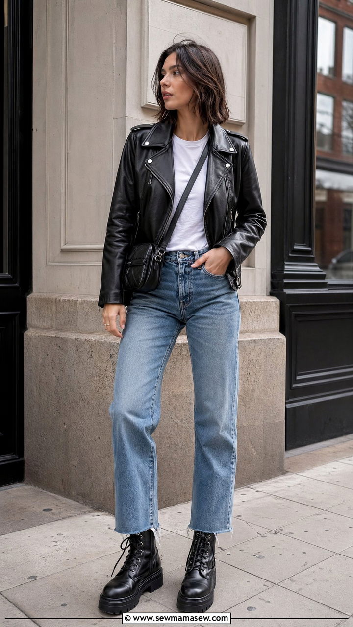 Leather Jacket with Straight Leg Jeans - 35 straight leg jeans outfit ideas for women