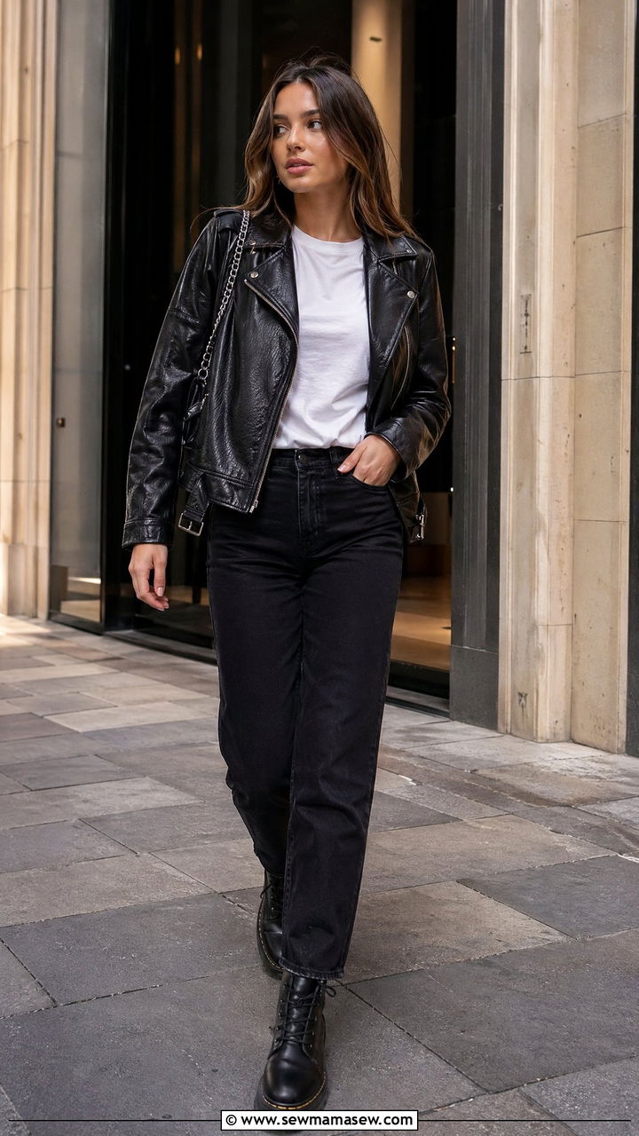 Leather Jacket with Straight Leg Jeans and Combat Boots - 35 casual straight leg jeans outfits