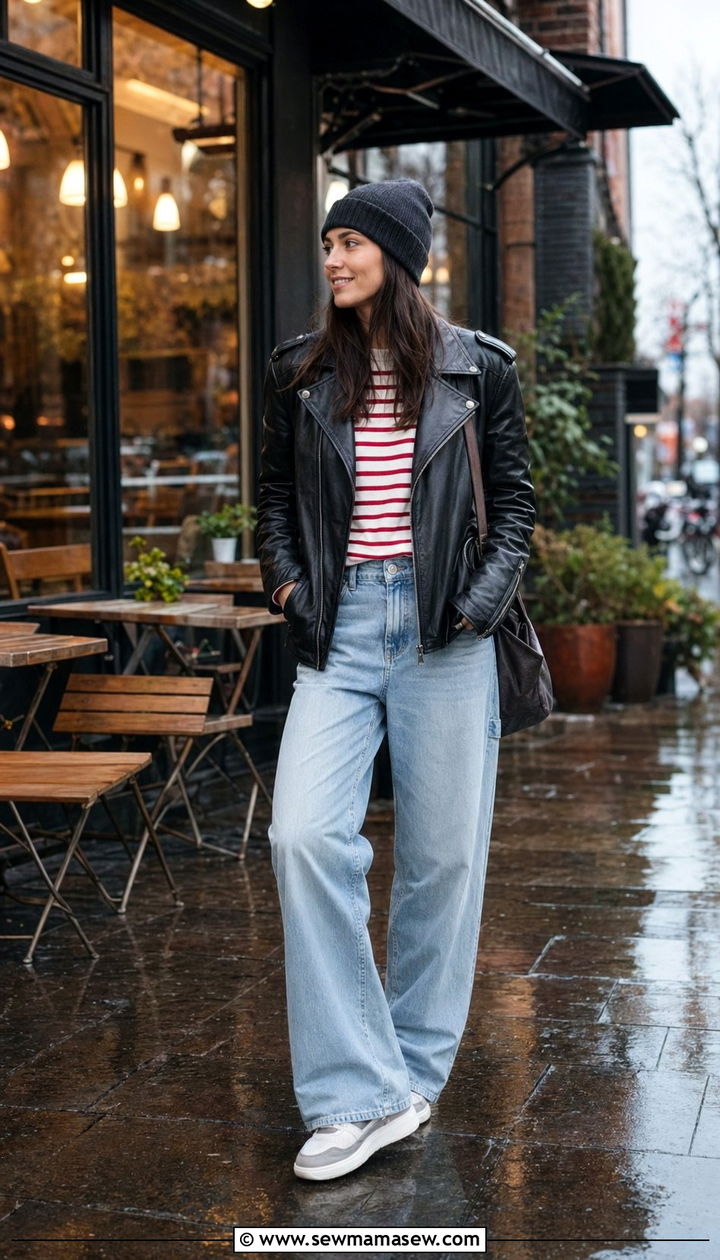 Leather Jacket with Striped Shirt and Relaxed Jeans - 35 rainy day outfit ideas