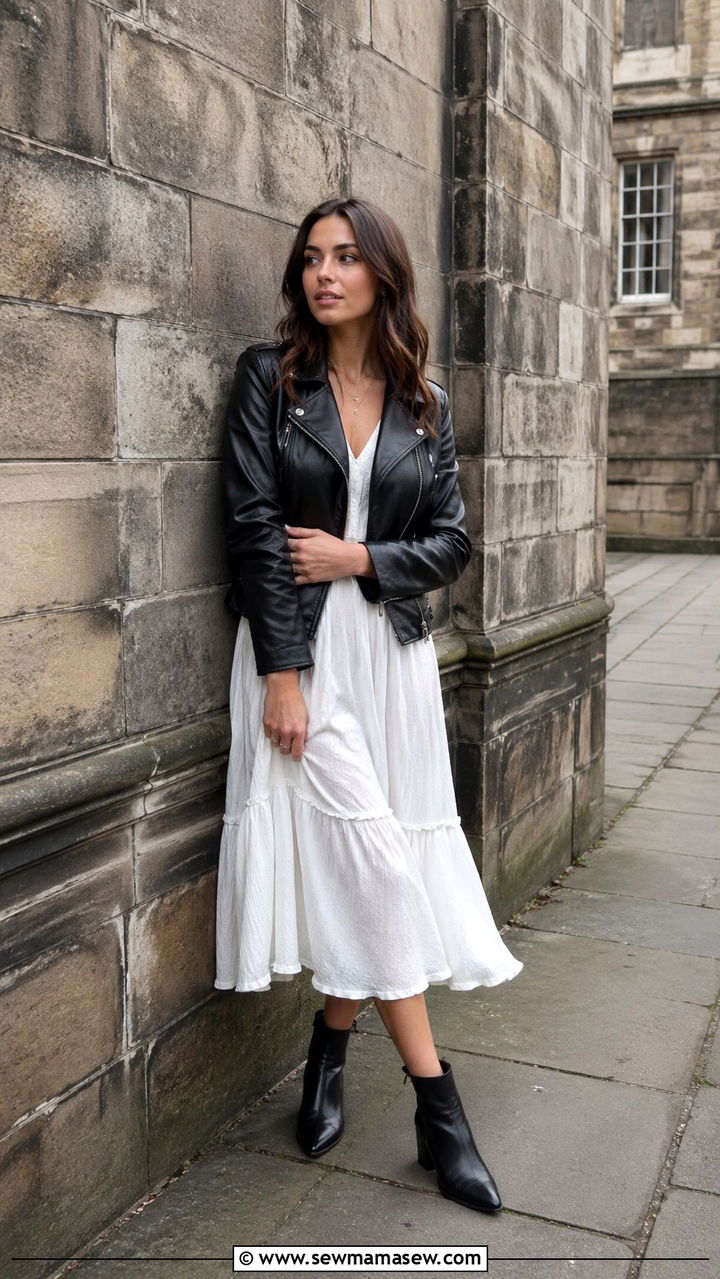 Leather Jacket with White Midi Dress and Ankle Boots - 30 spring europe travel outfit ideas