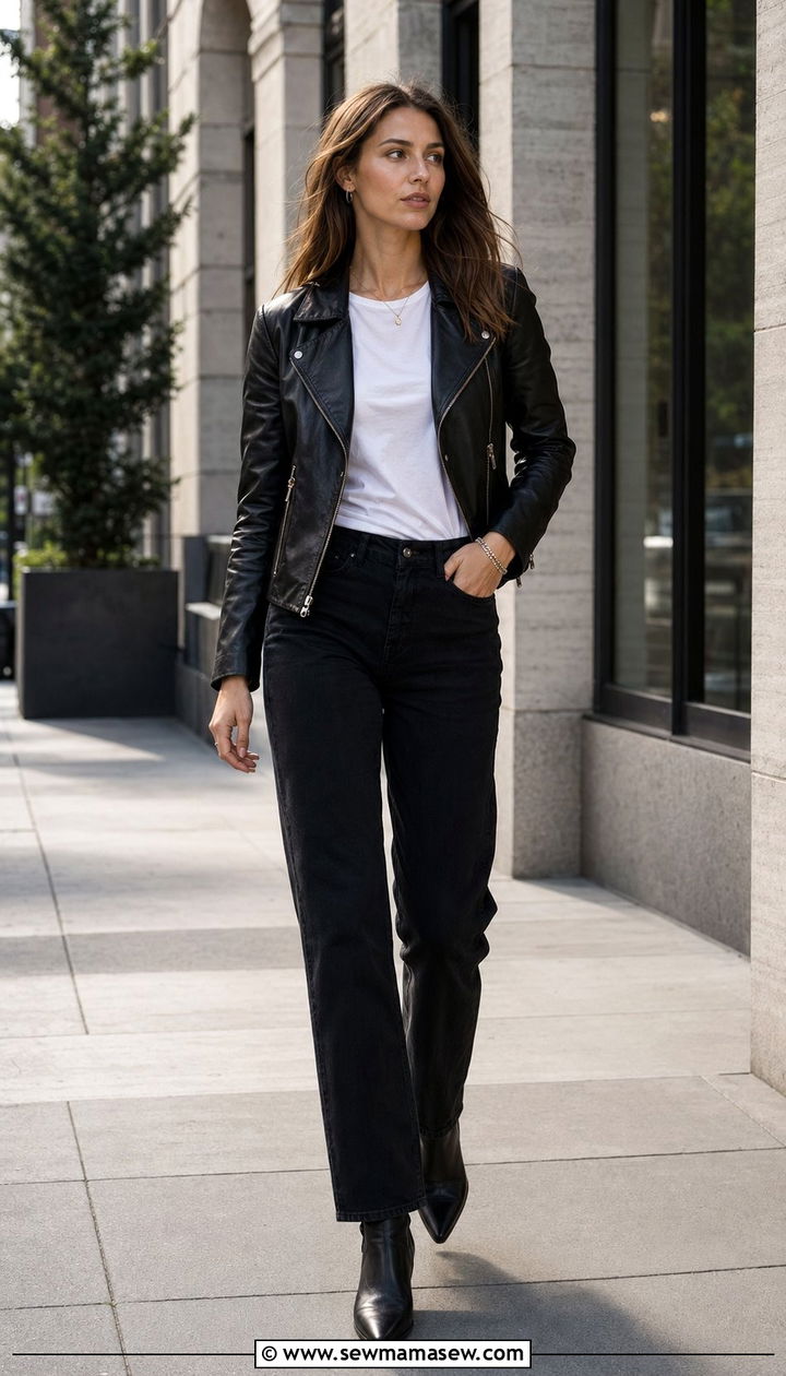 Leather Jacket with White Tee and Black Jeans - 30 60 degree weather outfits