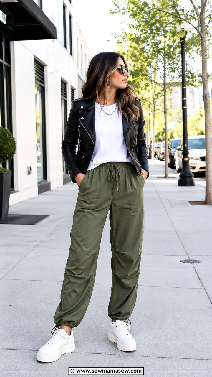 Leather Jacket with White Tee and Parachute Pants - 30 spring cool weather outfit ideas