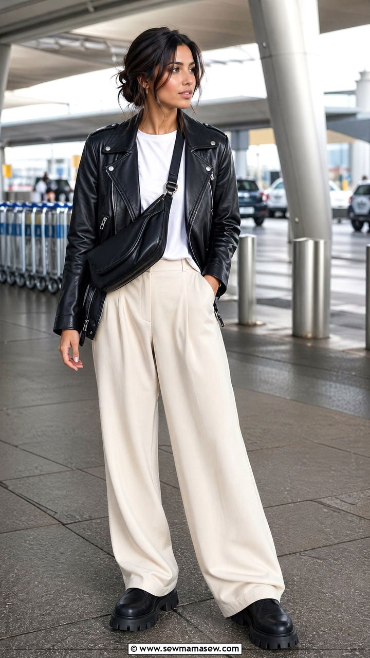 Leather Jacket with White Tee and Wide Leg Trousers - 40 airport outfits ideas
