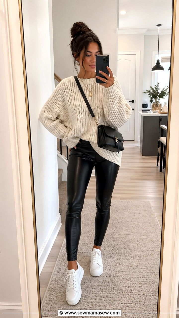 Leather Leggings with Knit Sweater and Platform Sneakers - 30 Sporty chic outfit ideas for travel