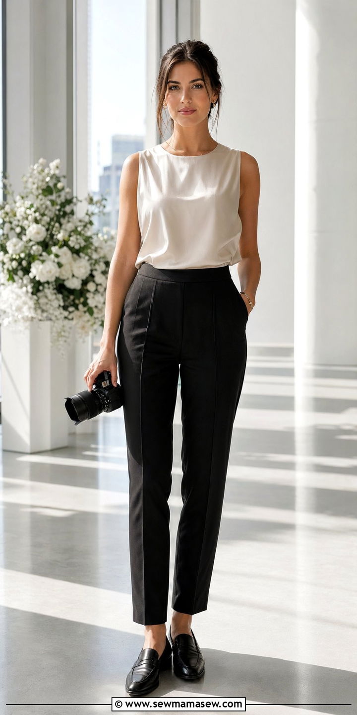 Leather Loafers With Slim Dress Pants and a Silk Shell - 30 Wedding photographer outfit ideas