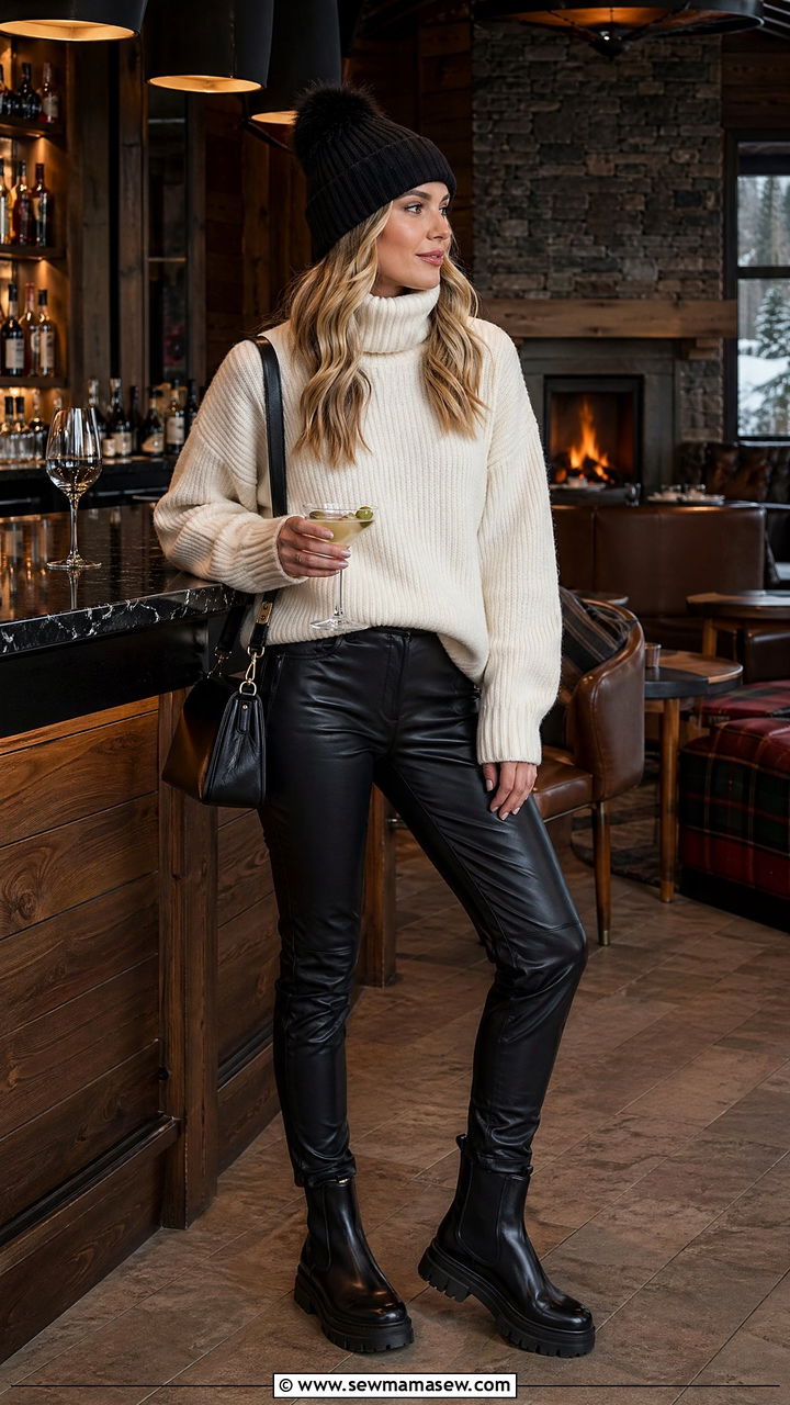 Leather Look Ski Pants And Knit - 35 Ski resort outfit ideas