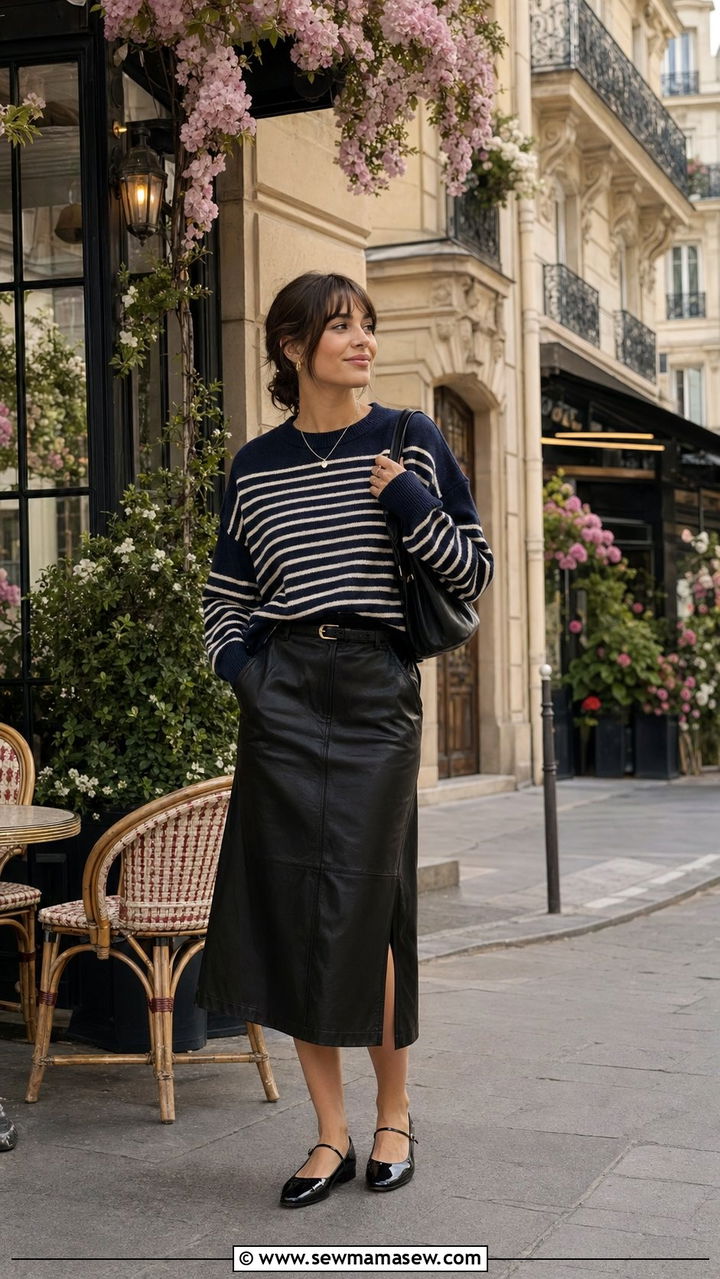 Leather Midi Skirt With Striped Knit and Mary Jane Flats - 35 Parisian spring outfit ideas