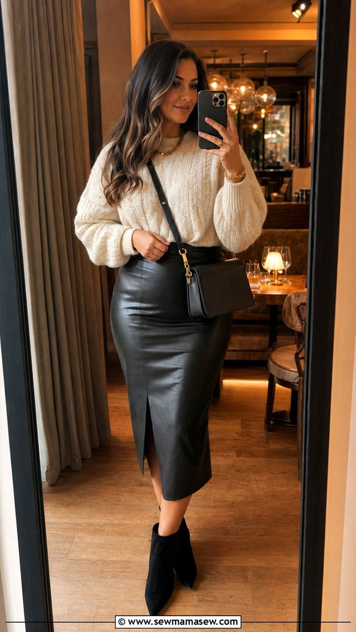Leather Midi Skirt with Chunky Sweater and Ankle Boots - 35 outfit ideas for plus size women