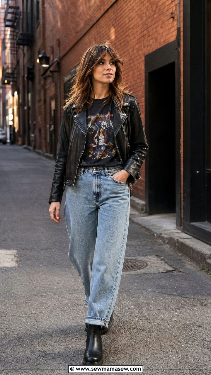 Leather Moto Jacket Over A Graphic Tee With Boyfriend Jeans And Chunky Boots - 30 90s spring outfits