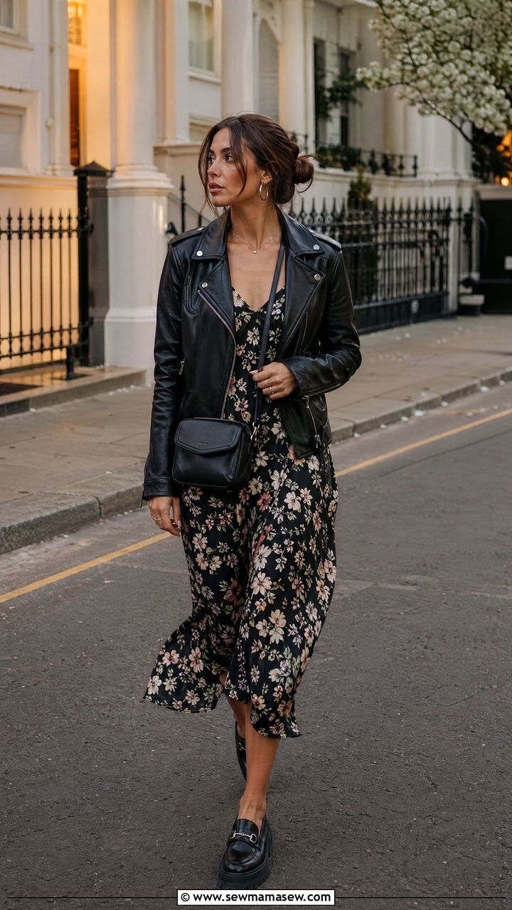Leather Moto Jacket Over a Flowy Midi Dress - 35 spring casual chic outfit ideas