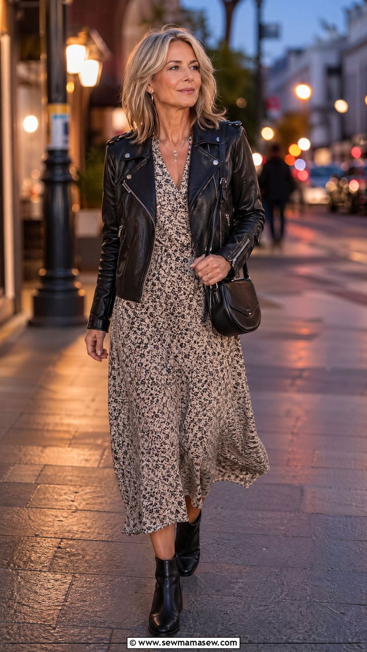 Leather Moto Jacket With A Midi Dress Outfit For Women Over 50 - 35 Casual outfits for women over 50