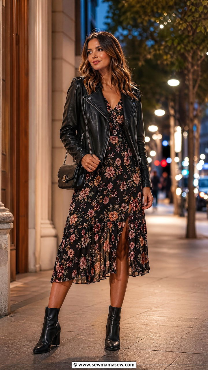 Leather Moto Jacket With Floral Midi Dress And Ankle Boots - 35 spring parisian outfits