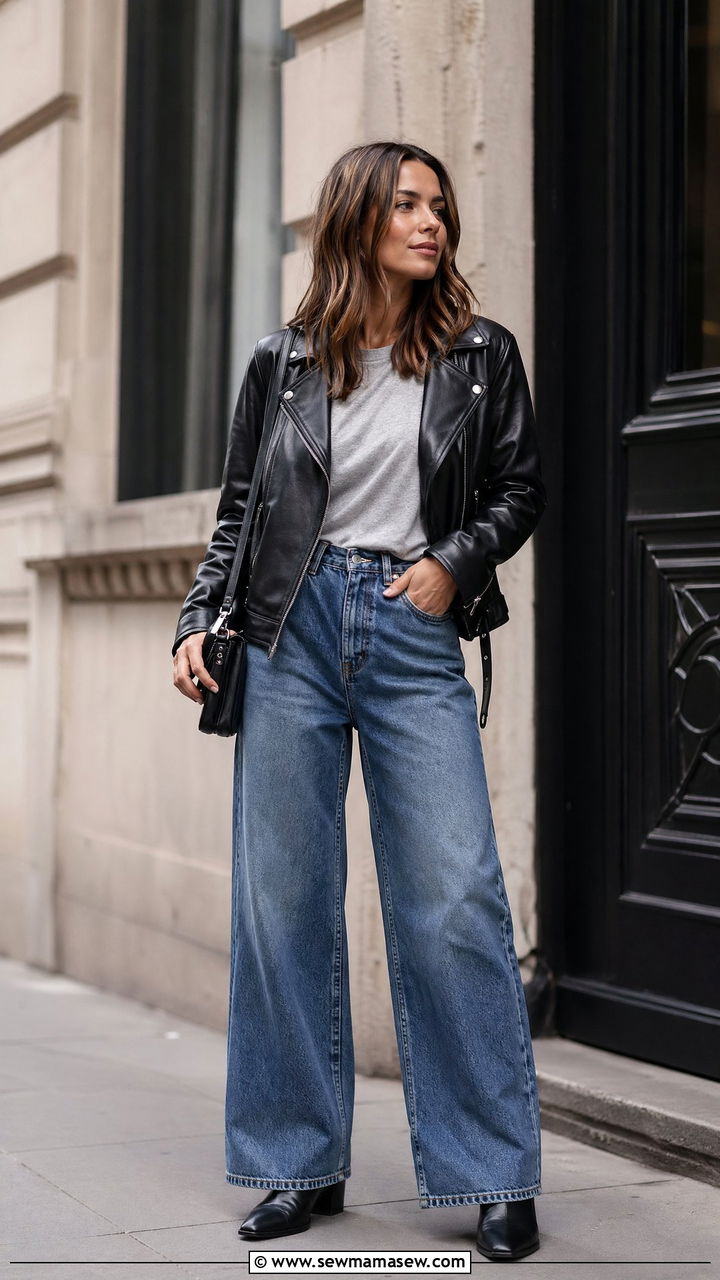 Leather Moto Jacket and Ankle Boots with Wide Leg Jeans - 35 wide leg jeans outfits for women