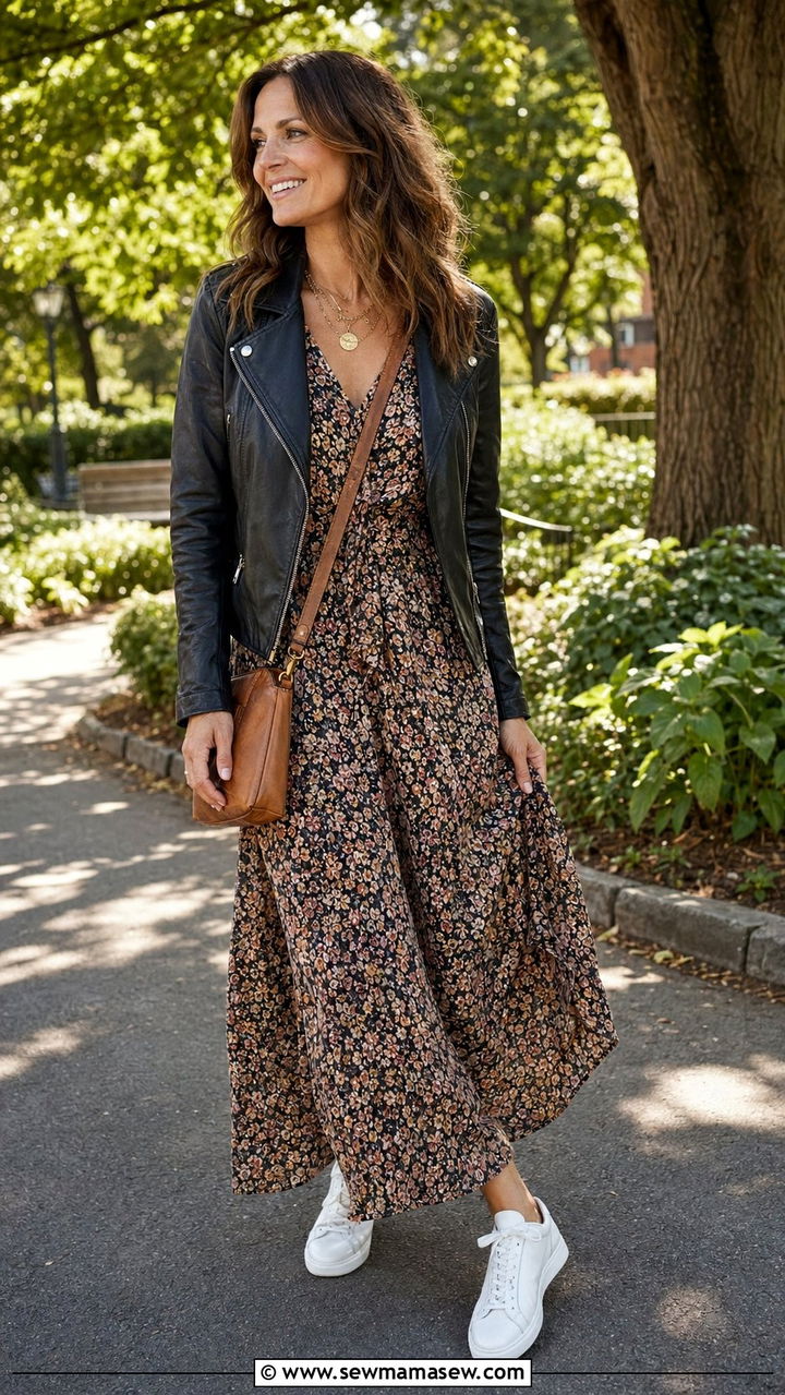 Leather Moto Jacket with Floral Maxi Dress and Sneakers - 35 outfit ideas for women over 30