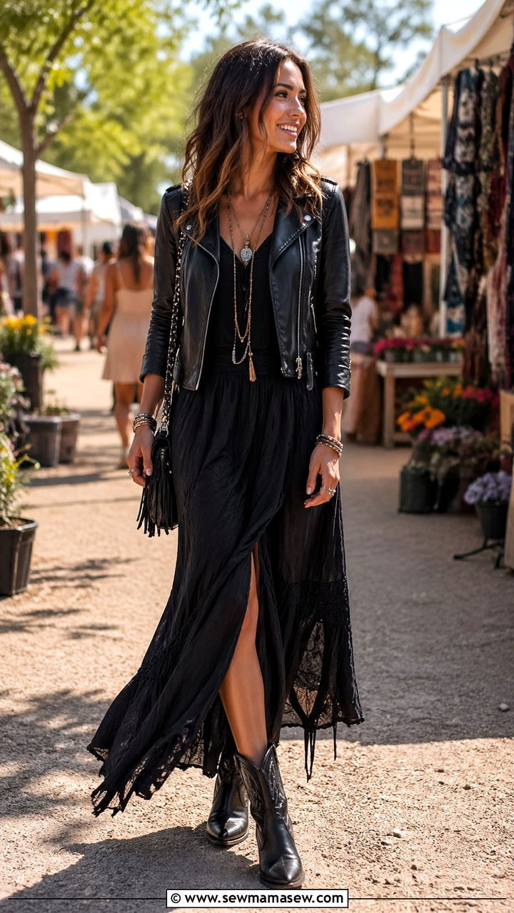 Leather Moto Jacket with Maxi Skirt and Western Boots - 30 spring edgy outfit ideas