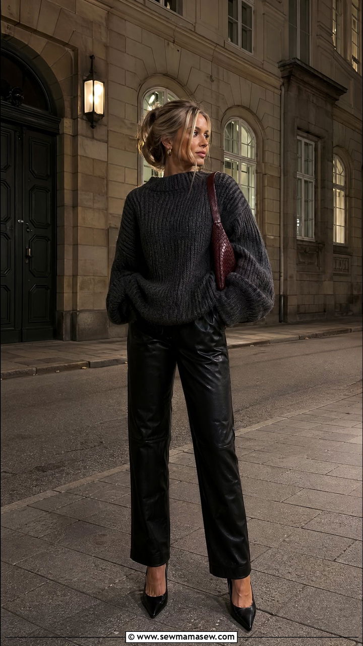 Leather Pants And Chunky Knit Copenhagen Outfit - 35 Copenhagen outfits ideas