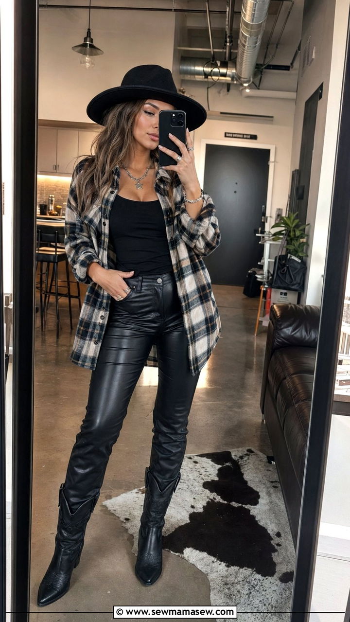 Leather Pants With Oversized Plaid Shirt - 30 western capsule wardrobe outfits