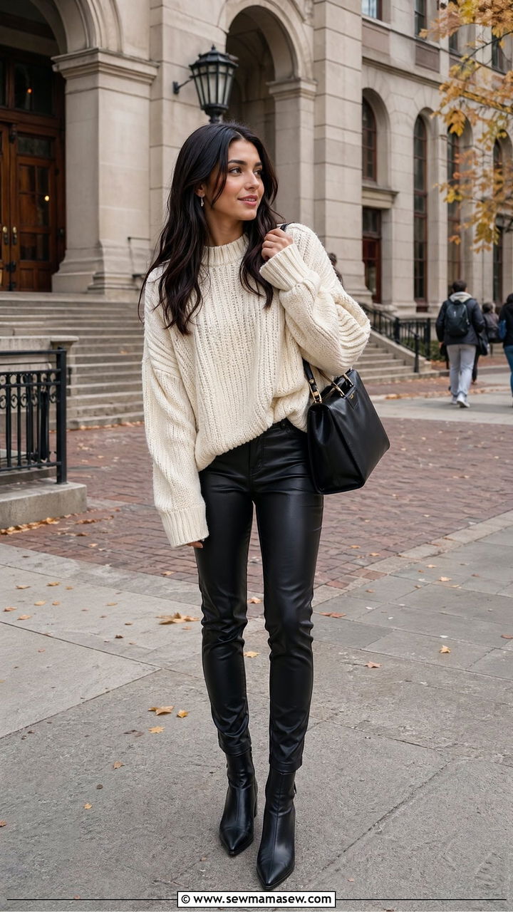 Leather Pants with Oversized Knit Sweater and Boots - 35 college outfit ideas for women