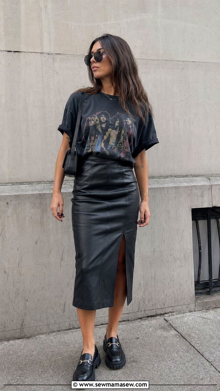 Leather Pencil Skirt and Vintage Tee - 35 pencil skirt outfits ideas