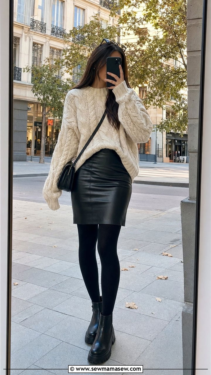 Leather Pencil Skirt with Oversized Sweater - 35 pencil skirt outfits for women