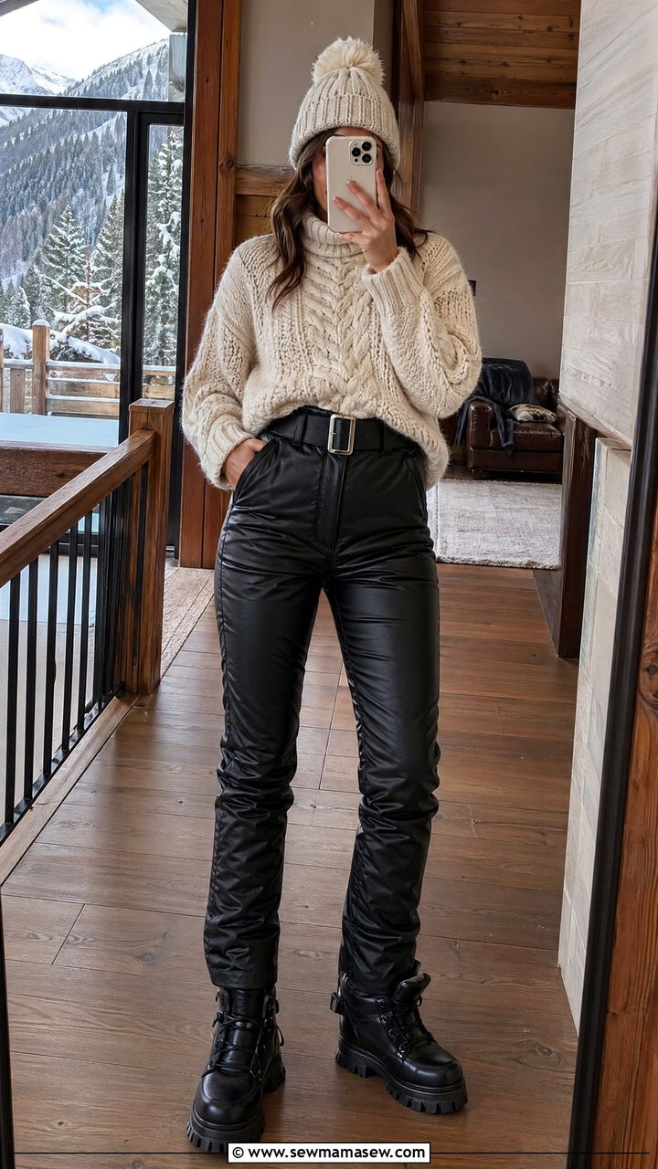 Leather Ski Pants with Chunky Knit Sweater - 35 Ski bunny outfit ideas