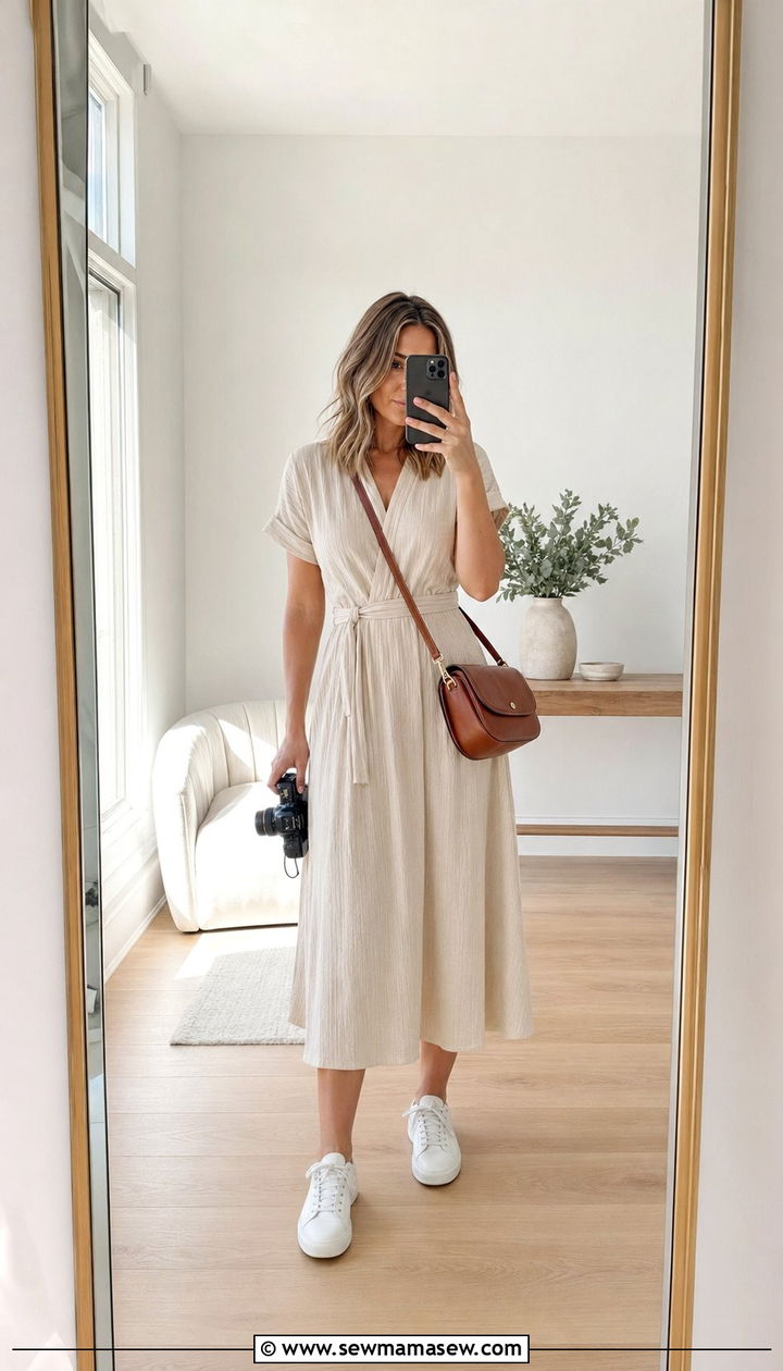 Leather Sneakers With a Midi Dress for All Day Comfort - 30 Wedding photographer outfit ideas