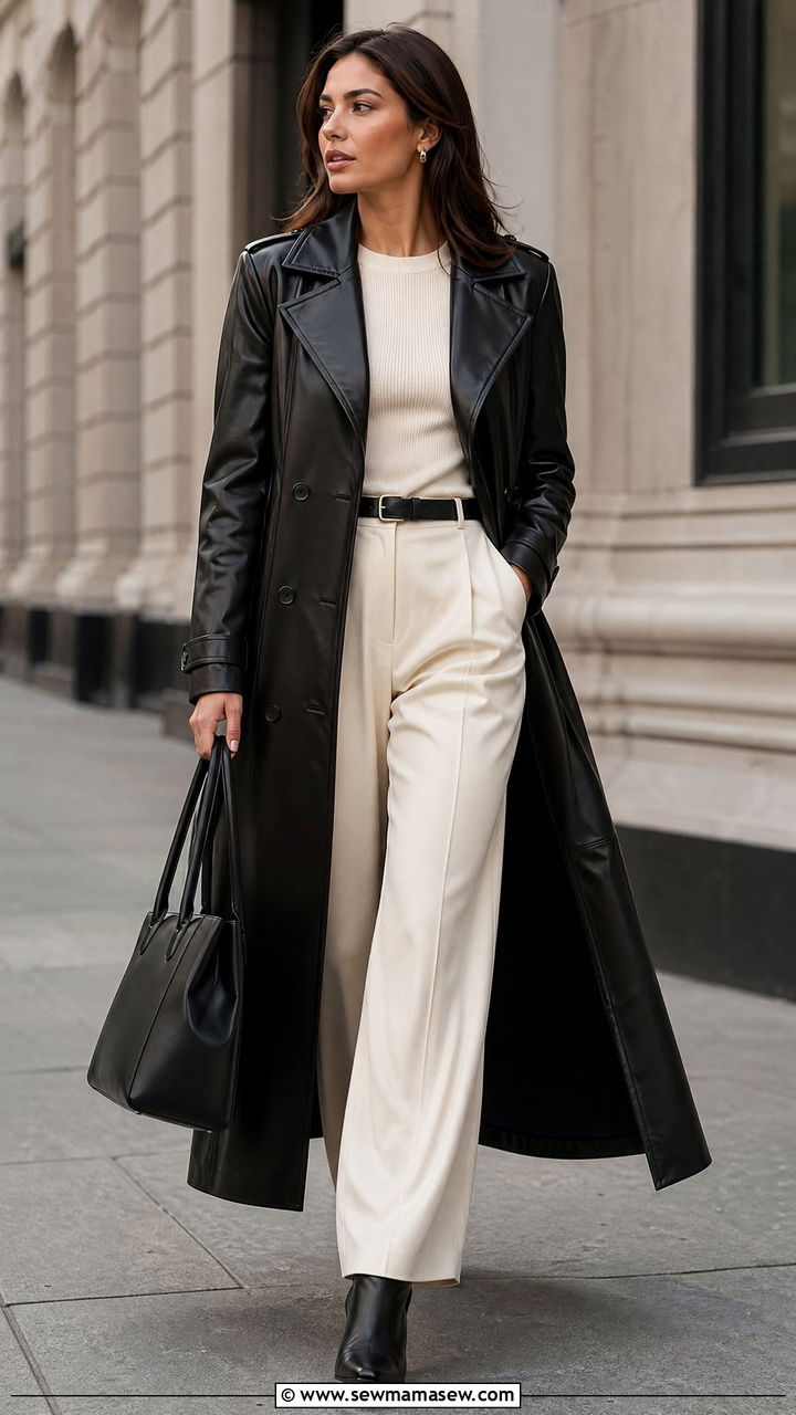 Leather Trench Coat Over Cream Separates - 35 spring quiet luxury outfits