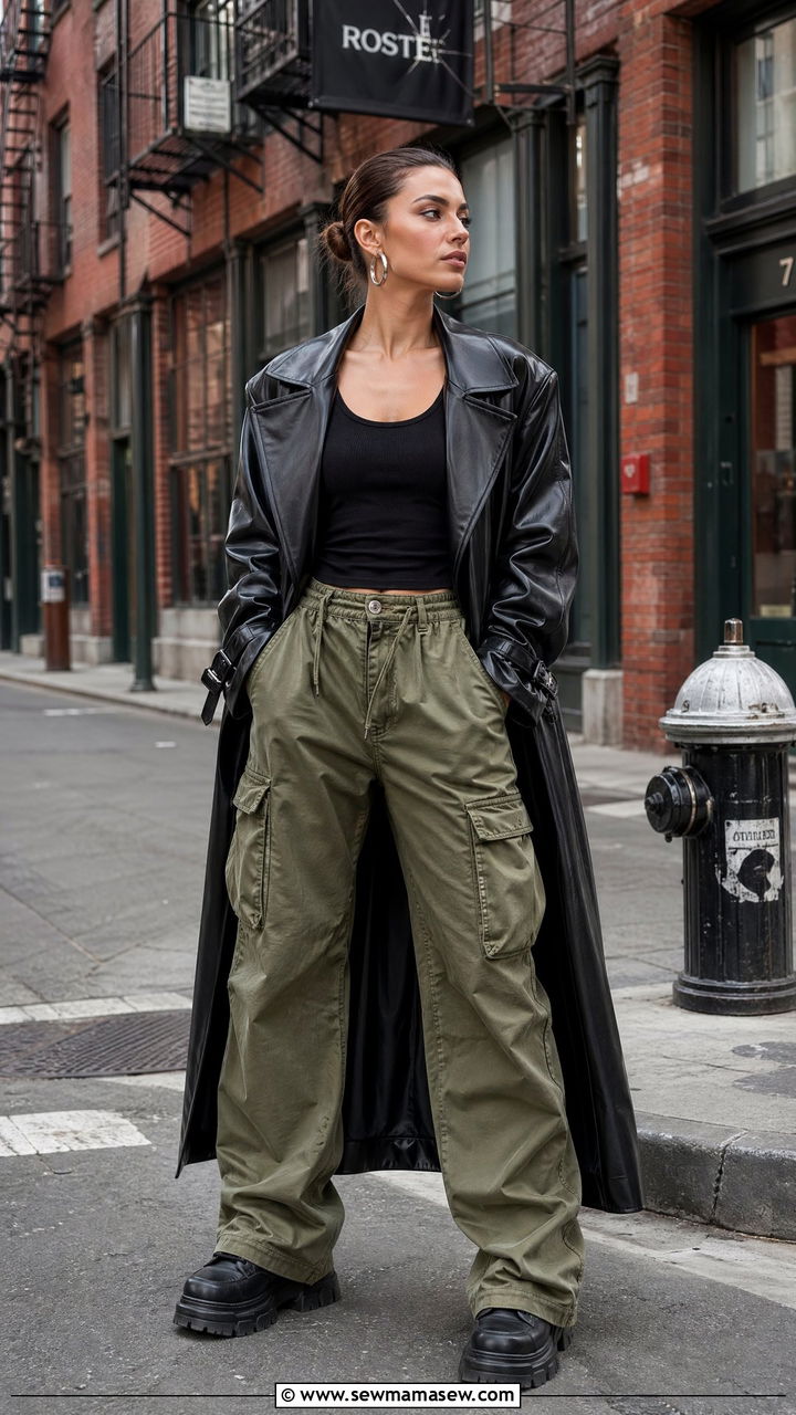 Leather Trench Coat With Cargo Pants - 35 trench coat outfits for women
