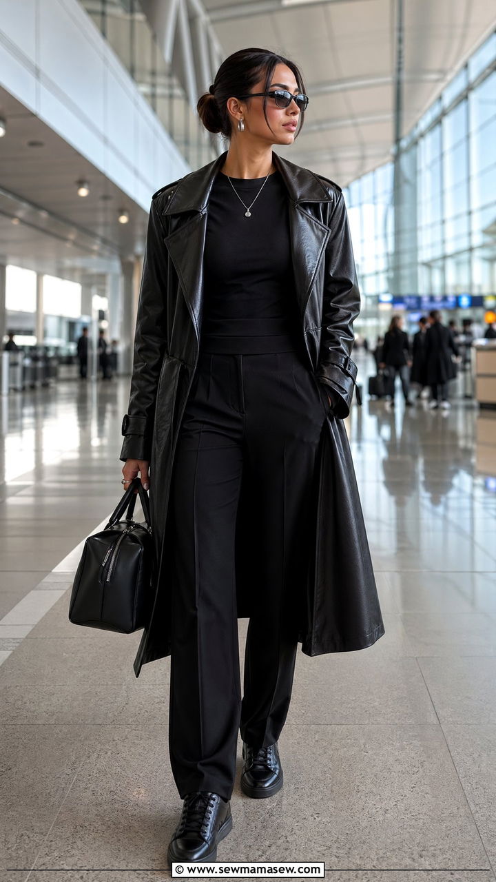 Leather Trench Coat and All Black Base - 40 Airport outfit ideas