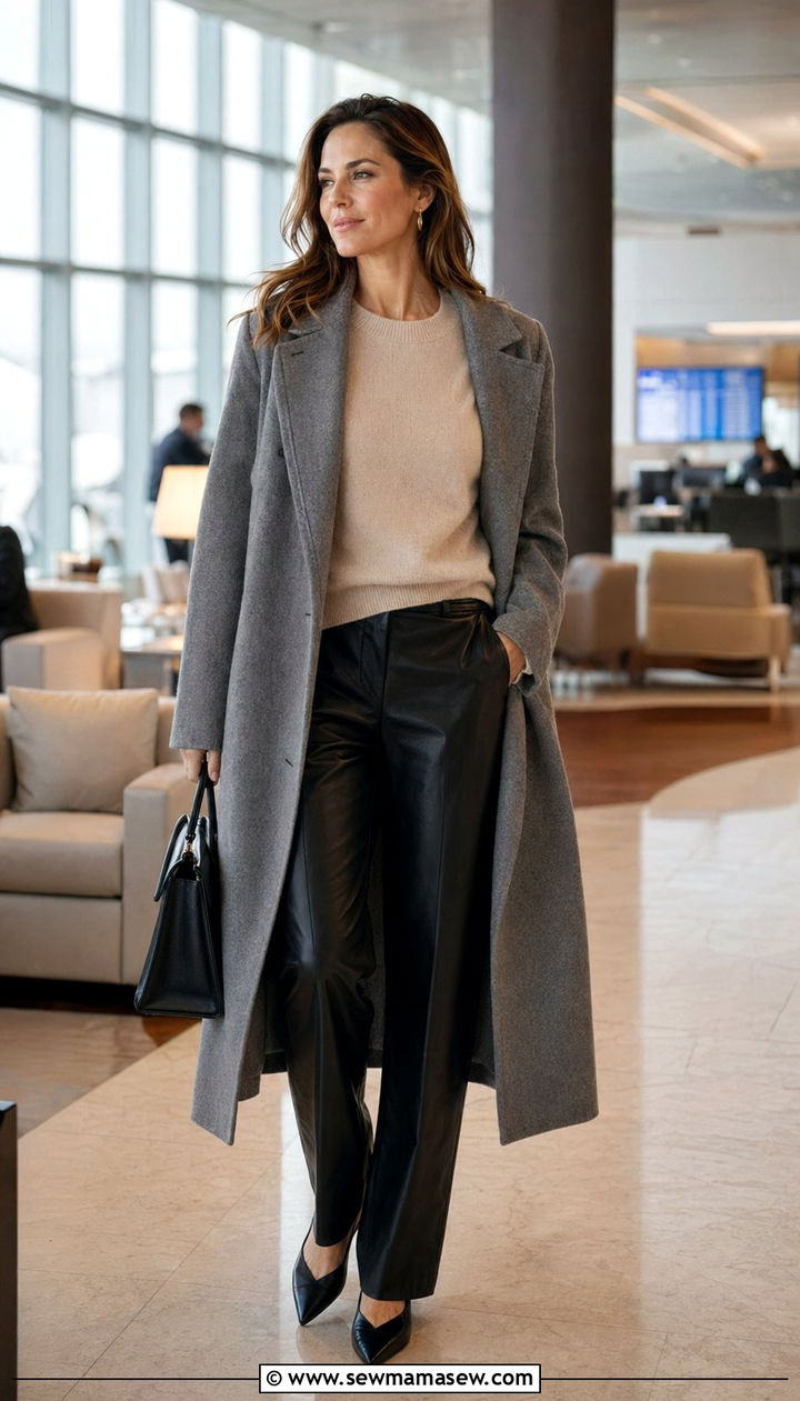 Leather Trousers With Cashmere Crewneck - 30 airport outfits Pinterest