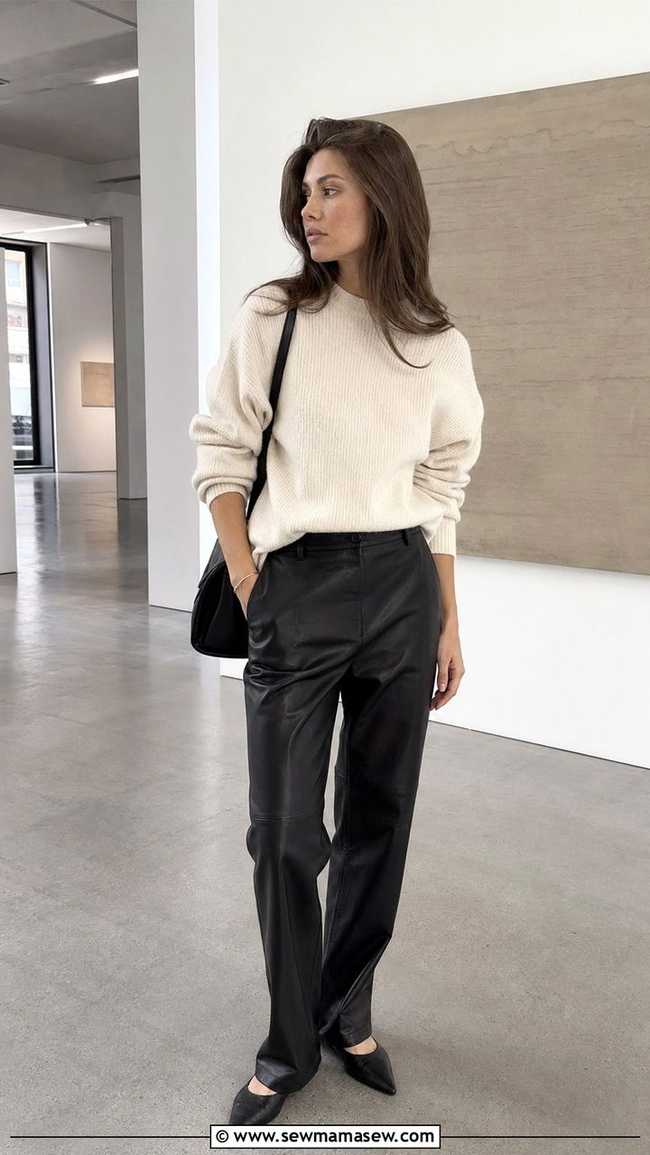 Leather Trousers and Relaxed Knit Sweater Outfit - 35 scandinavian outfits for women