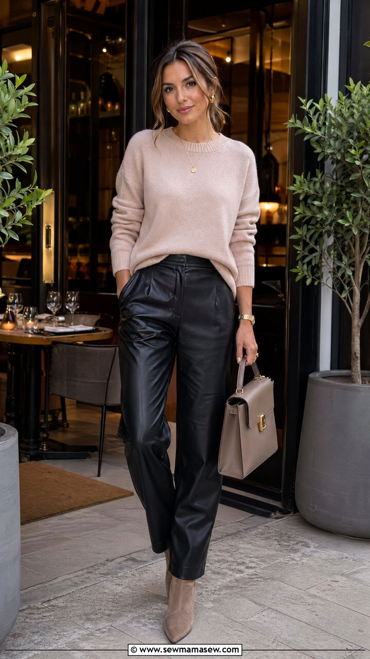 Leather Trousers with Cashmere Sweater - 35 cute outfit ideas for women