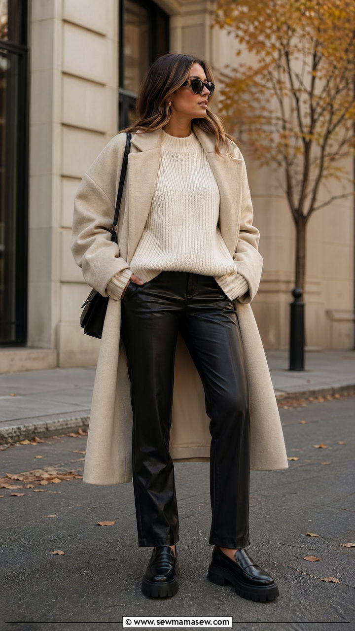 Leather Trousers with Oversized Knit and Loafers - 35 travel outfit ideas for women