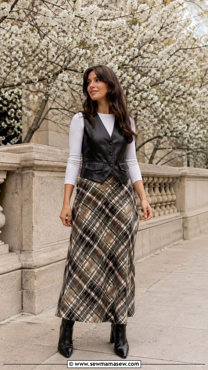 Leather Vest And Plaid Maxi Skirt With Ankle Boots - 30 spring grunge outfit ideas
